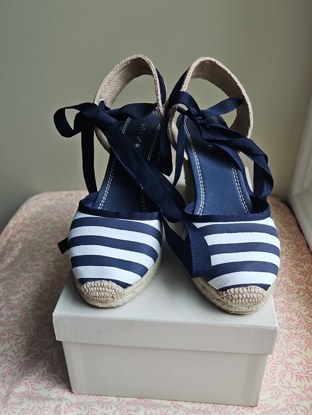 Unisa Navy and White Striped Espadrille Wedges with Ankle Tie